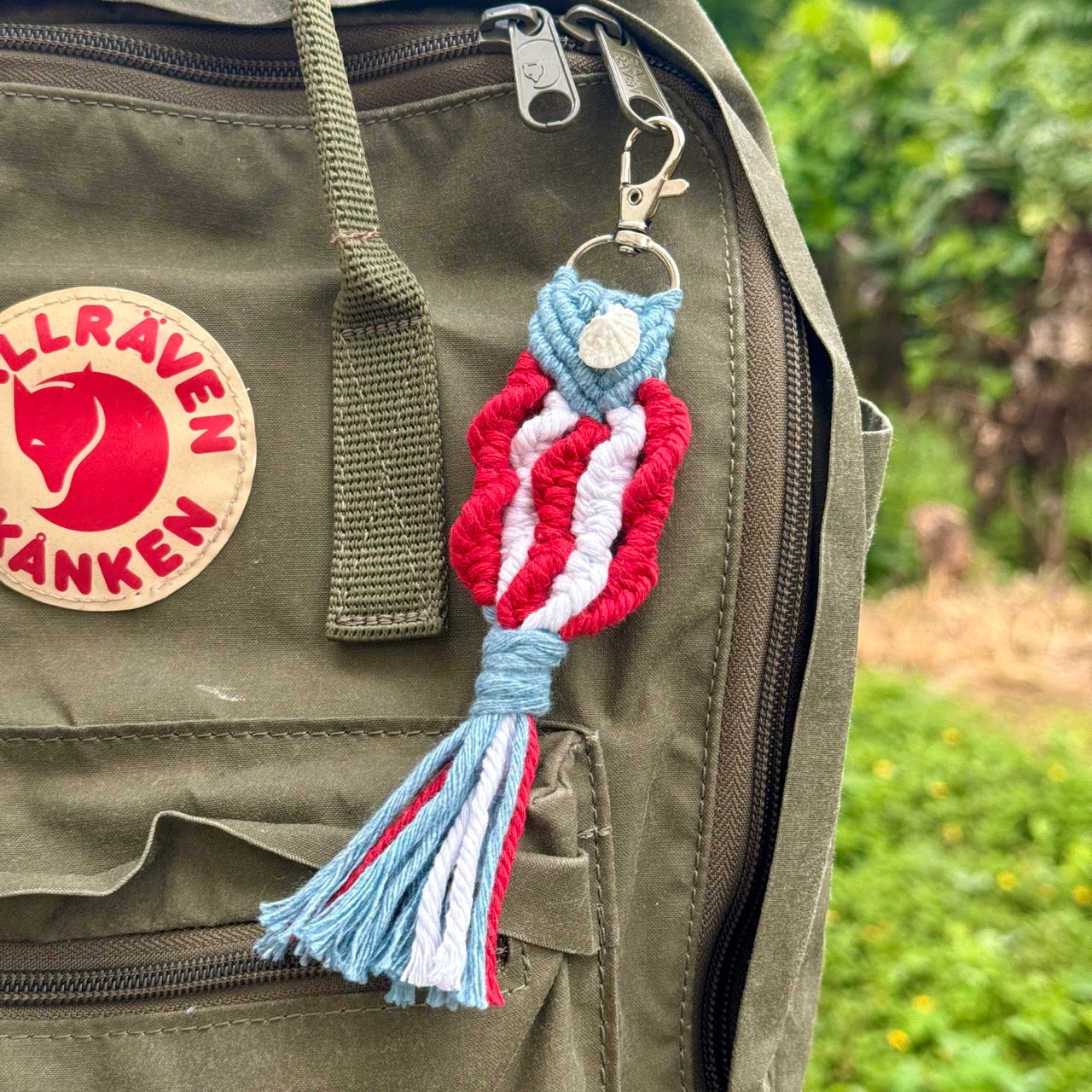 PR Flag Macrame Keychain on Backpack